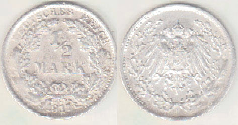 1917 F Germany silver 1/2 Mark A001751